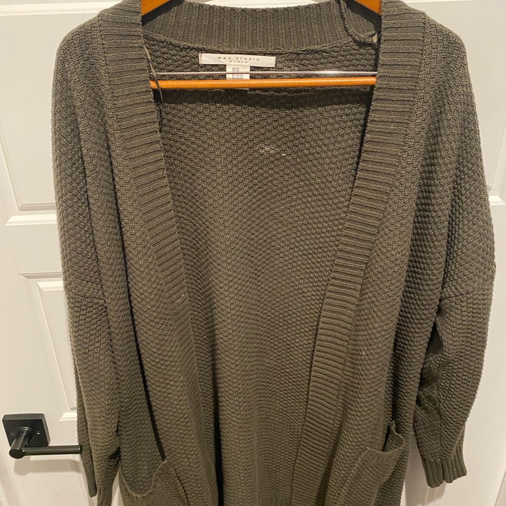 Max Studio Green Cardigan Sweater with Ribbed Shawl Collar